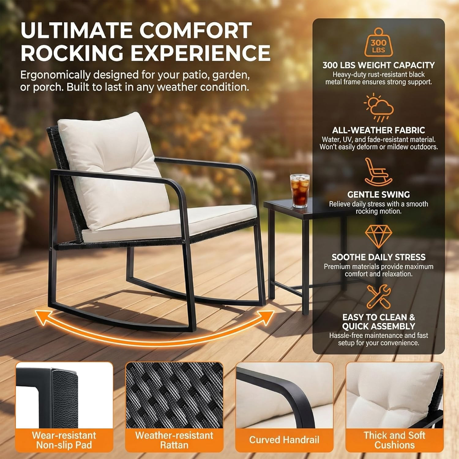 Flamaker Patio Chairs 3 Piece Wicker Rocking Chair Outdoor Bistro Sets with Coff