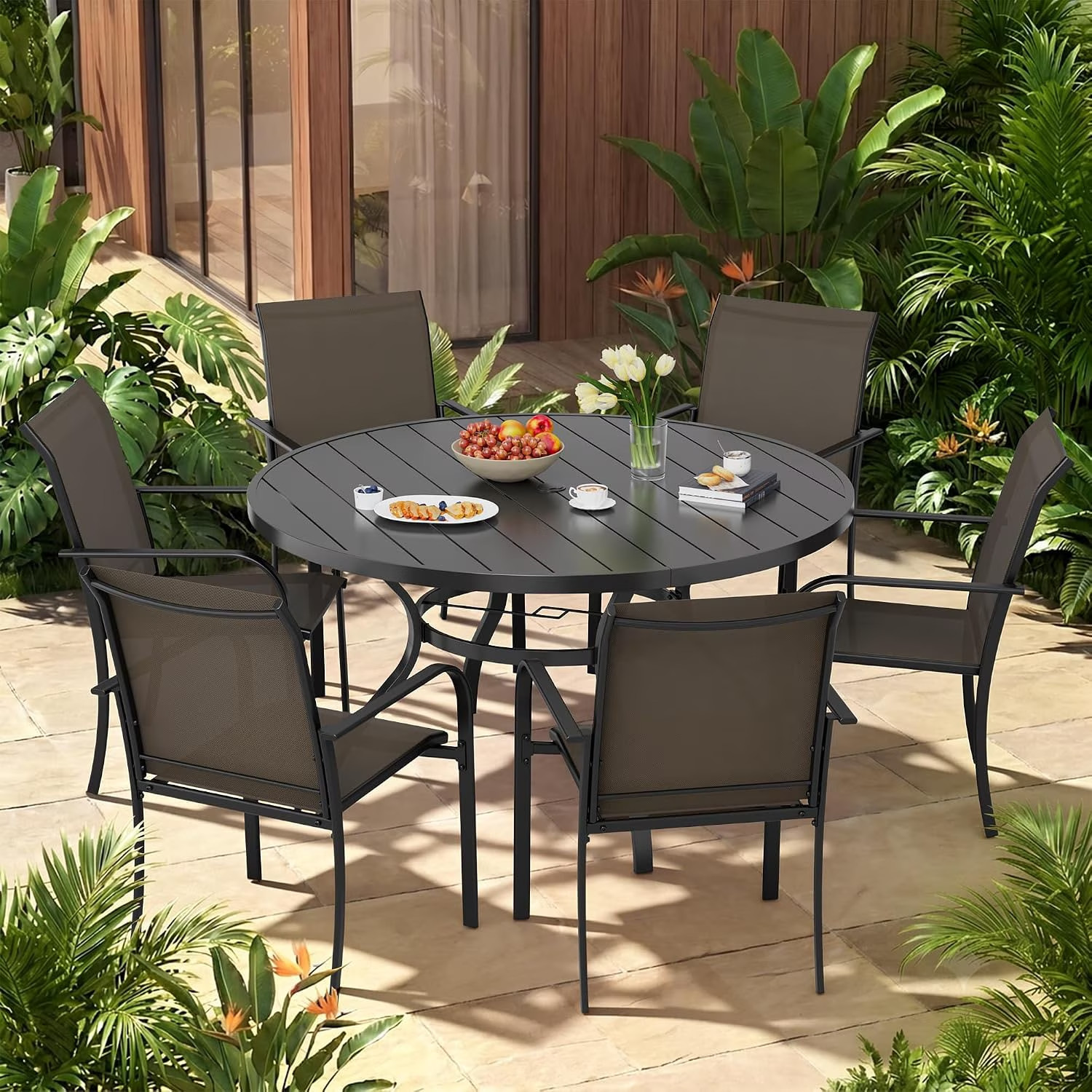 7-Piece Outdoor Patio Dining Set 6 Textilene Metal Chairs 53″ Round Table 1.57″