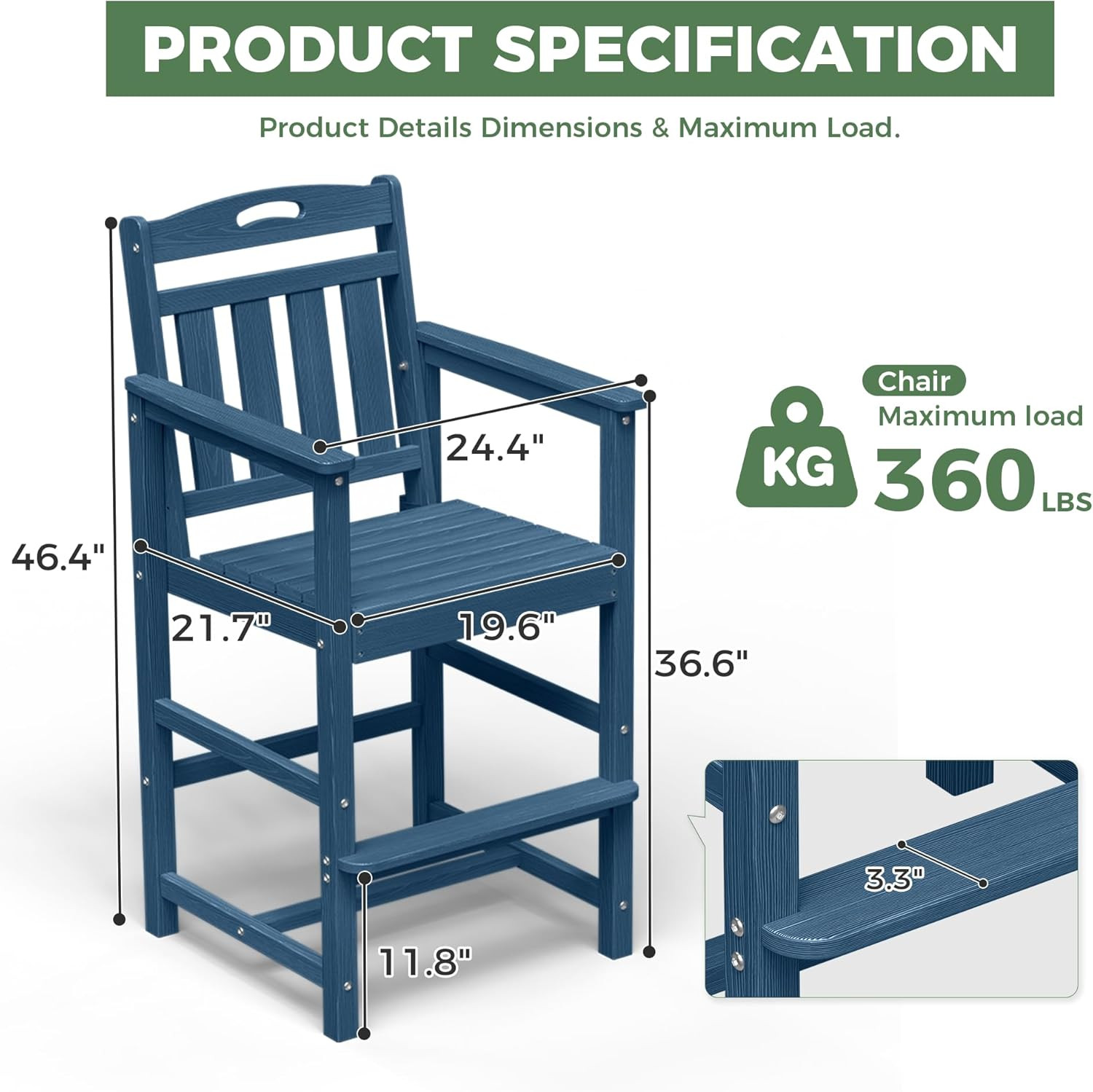 Navy Blue Outdoor Bar Height Adirondack Chair for Patio & Garden