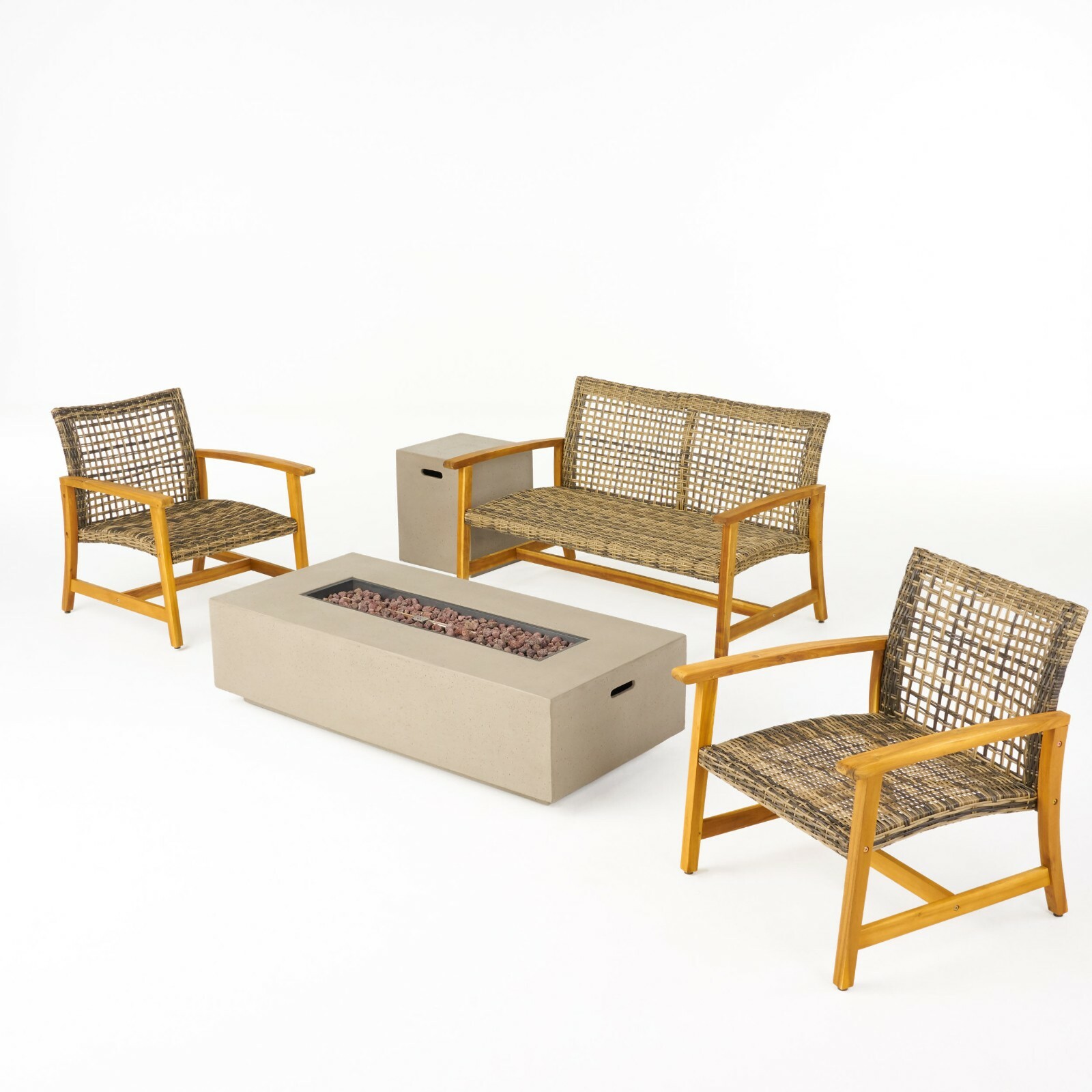 Allison Outdoor 5 Piece Wood and Wicker Chat Set with Fire Pit
