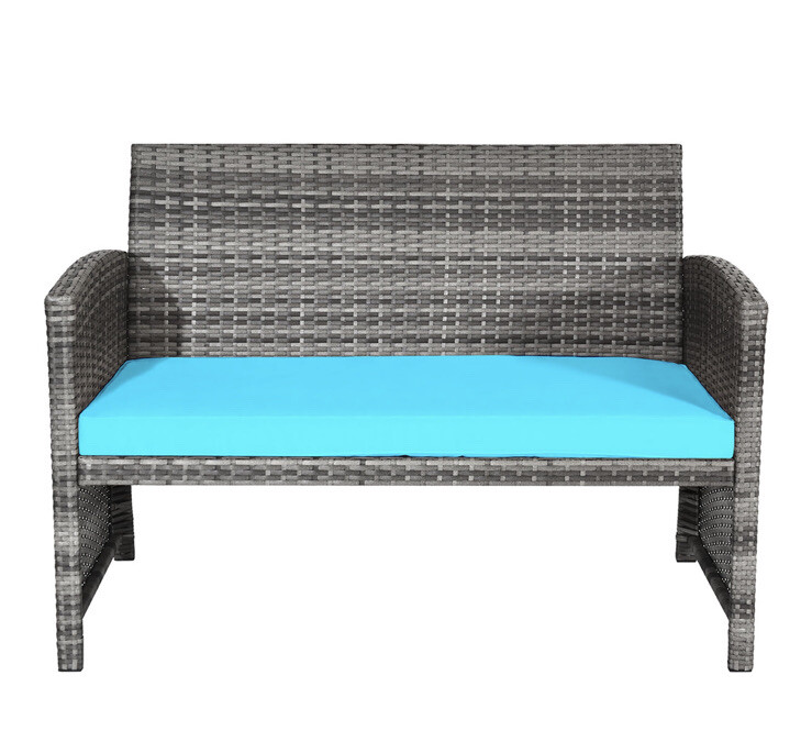4PCS Patio Rattan Conversation Glass Table Top Cushioned Sofa Torquoise Stylish