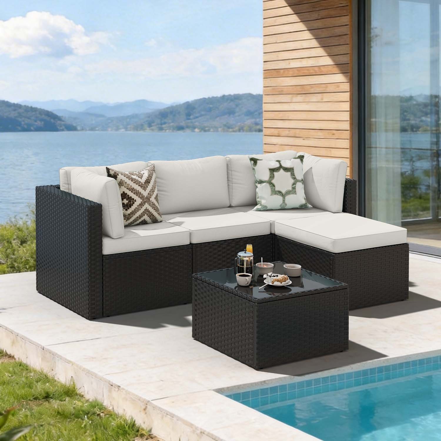 3-Piece Black Rattan Conversation Set Sofa Ottoman Table Cream White