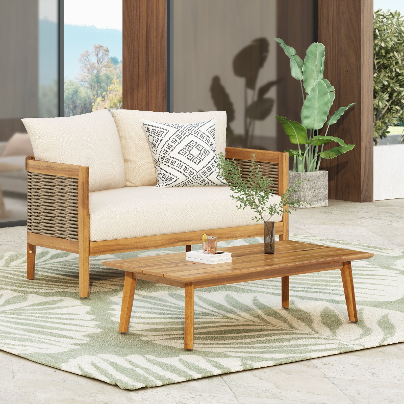 Outdoor Acacia Wood and Wicker Loveseat and Coffee Table Set with Cushions