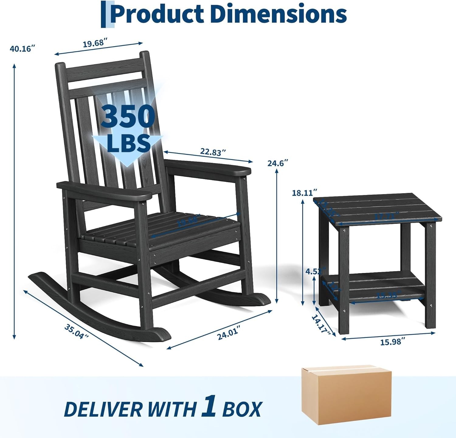 Set of 3 HDPE Rocking Chair w/ Side Table Porch Rocker Balcony Garden Furniture