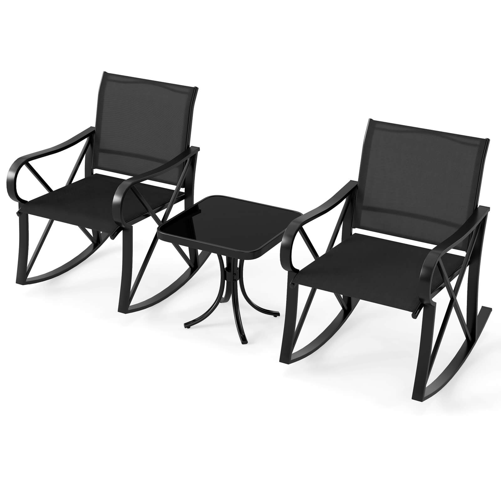 3 Piece Patio Rocking Set 2 Rocking Chairs w/ Tempered Glass Side Table Black