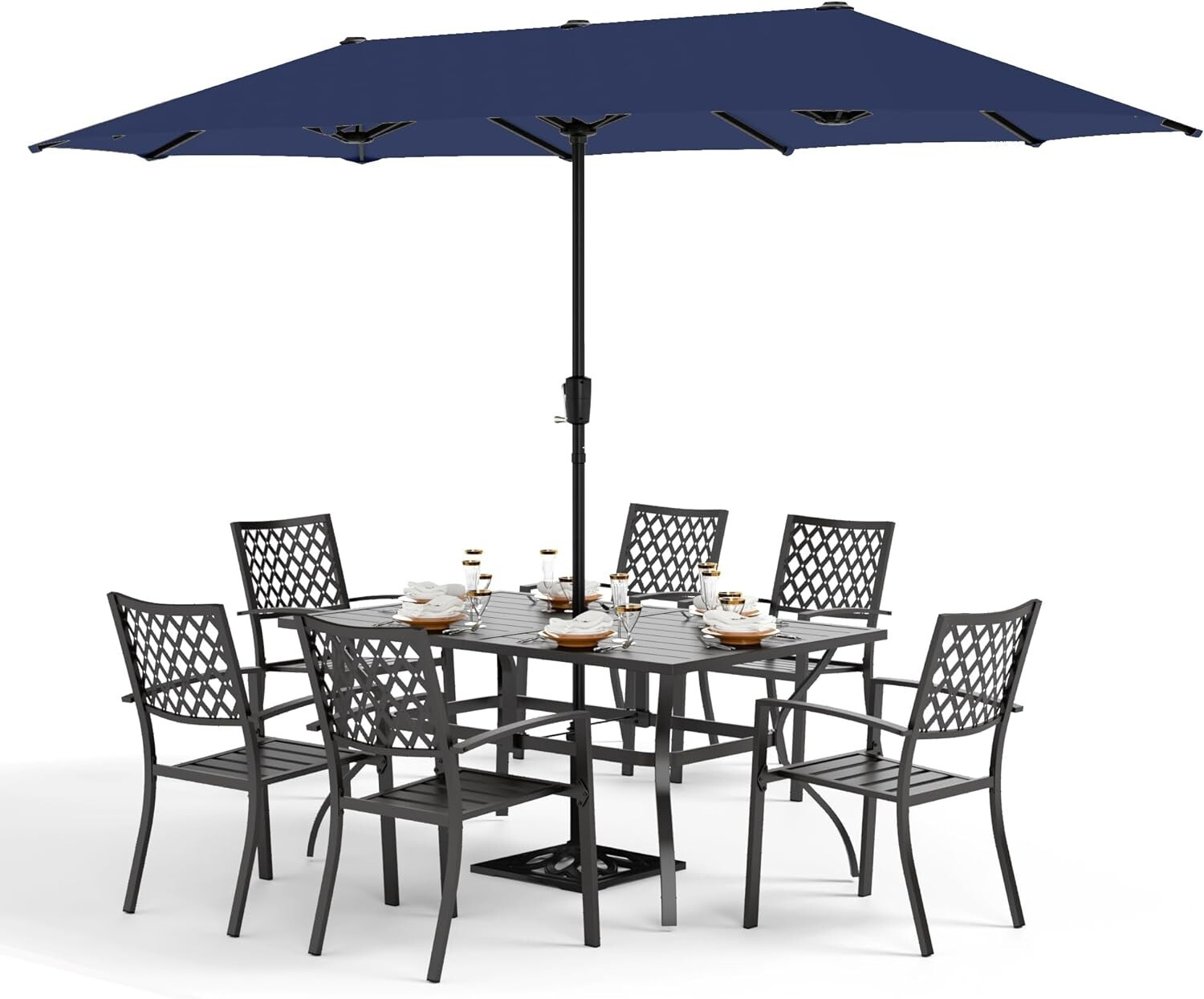 8-Piece Patio Dining Set Outdoor Table Furniture Set with 13FT Umbrella, Navy