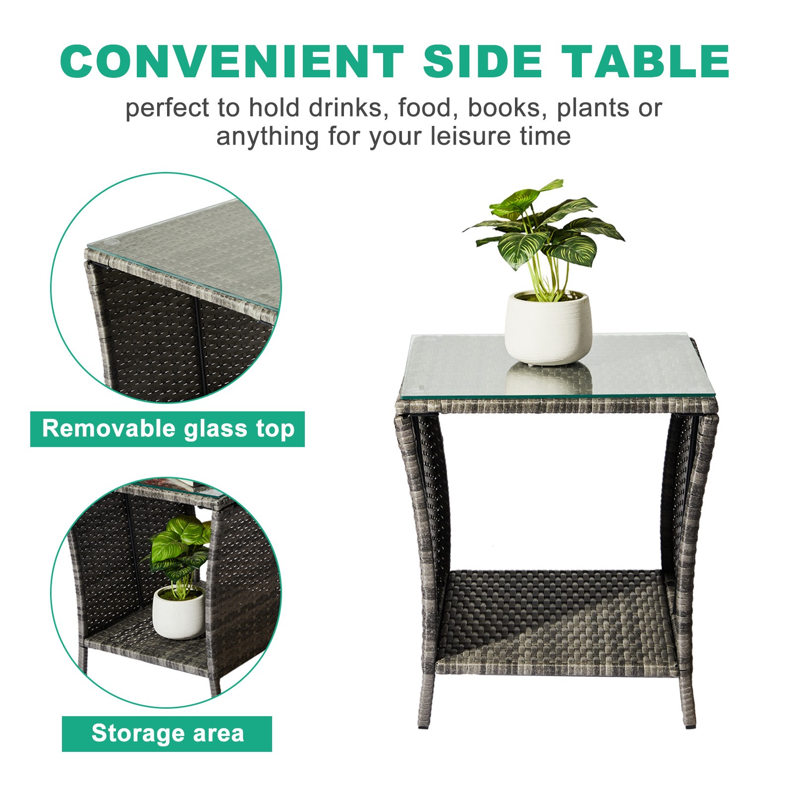 Outdoor Patio Wicker Square Side Table with Glass Top Storage Shelf 2 Colors
