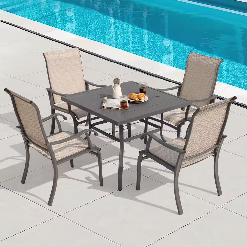 Gray Textilene and Metal Outdoor Dining Chairs Set in Beige with Ergonomic Desig