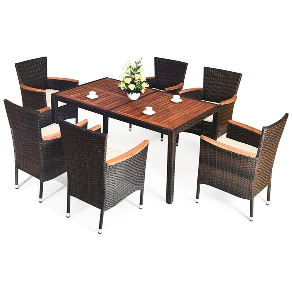 Pemberly Row 7PCS Patio Rattan Dining Set 6 Stackable Chairs Cushioned Brown