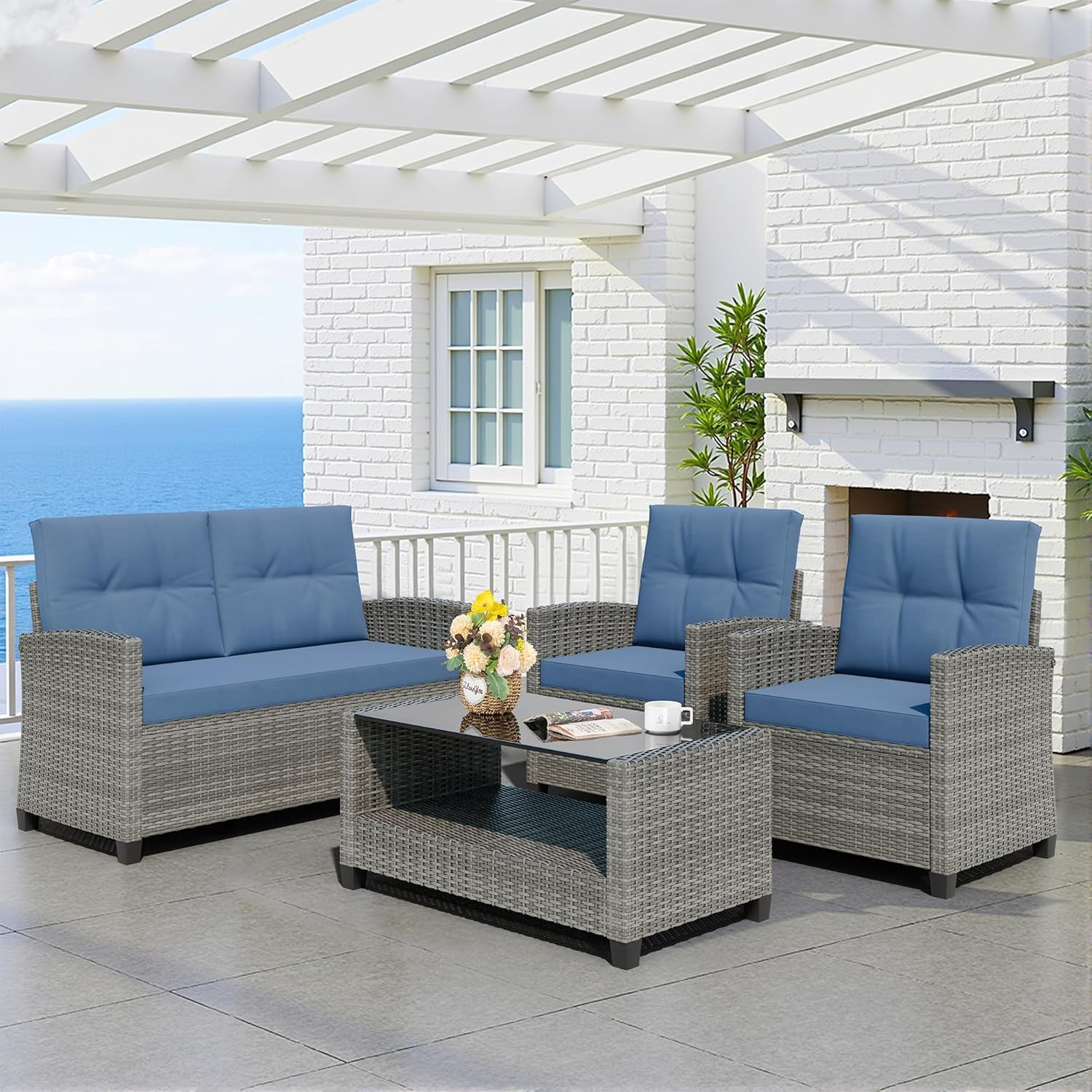 Stylish 4-Piece Outdoor Rattan Patio Furniture Set with Cushions – Gray & Blue
