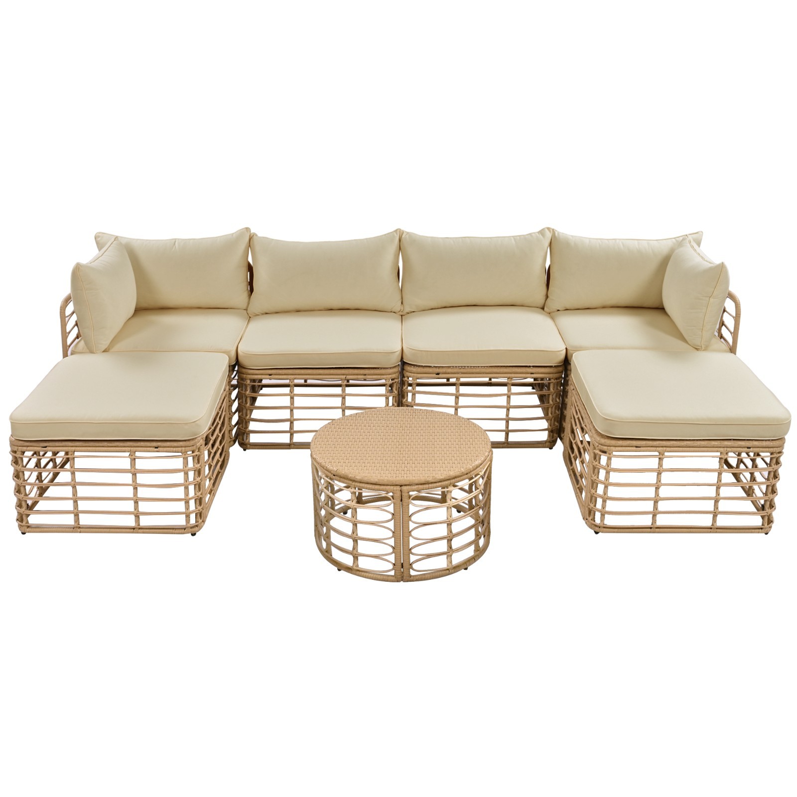 7 Pieces Outdoor Patio Furniture Set All-Weather Rattan U-Shaped Sectional Sofa