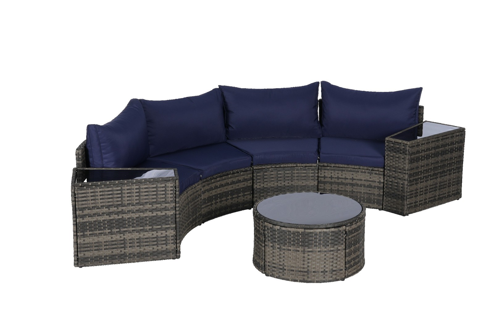 7 PC Patio Sectional Sofa Set w/Glass Coffee Table, Dark Blue Cushions