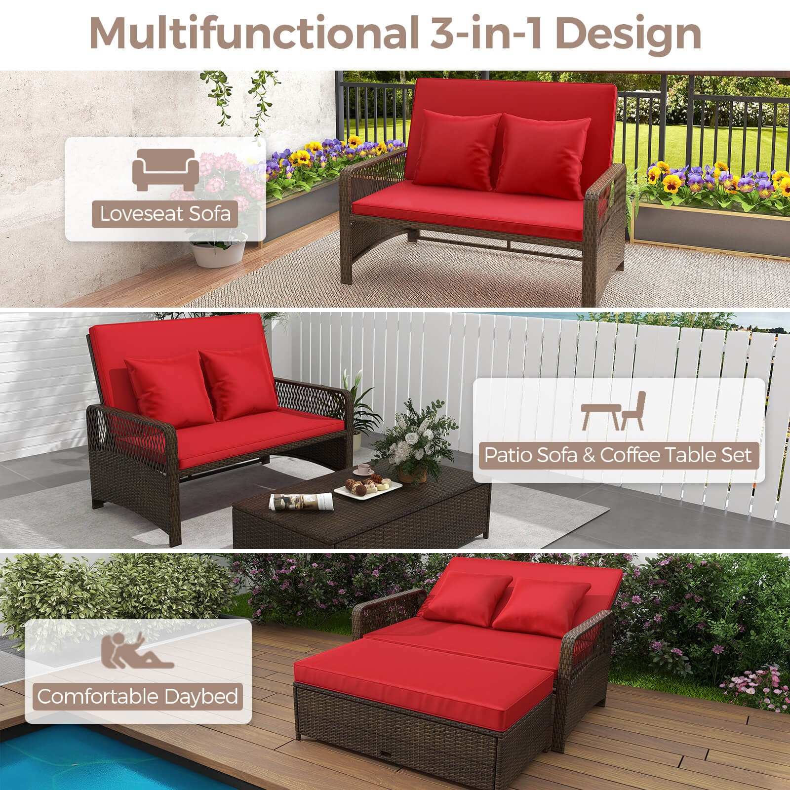 Patio Rattan Daybed Wicker Loveseat Sofa with Multifunctional Ottoman