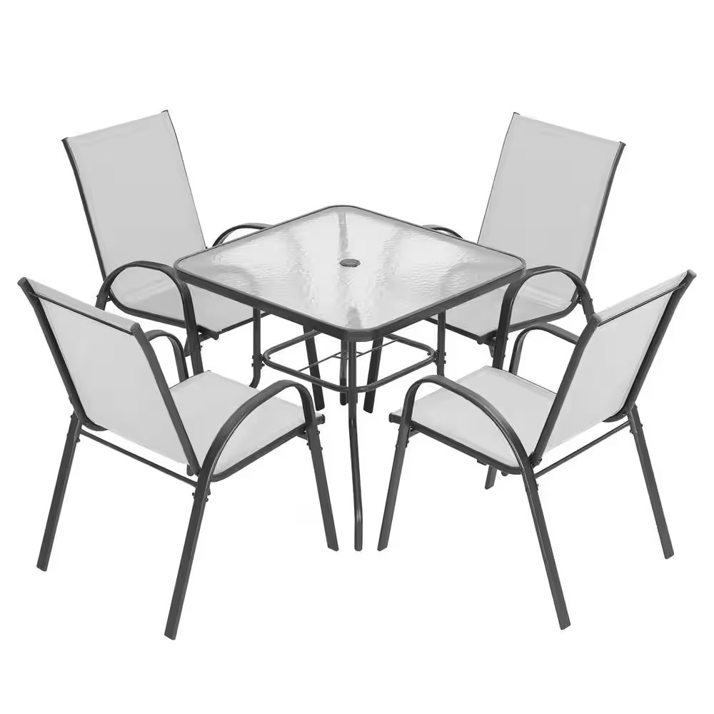 Black 5-Piece Metal and Textilene Square Outdoor Dining Set with Stackable Chair