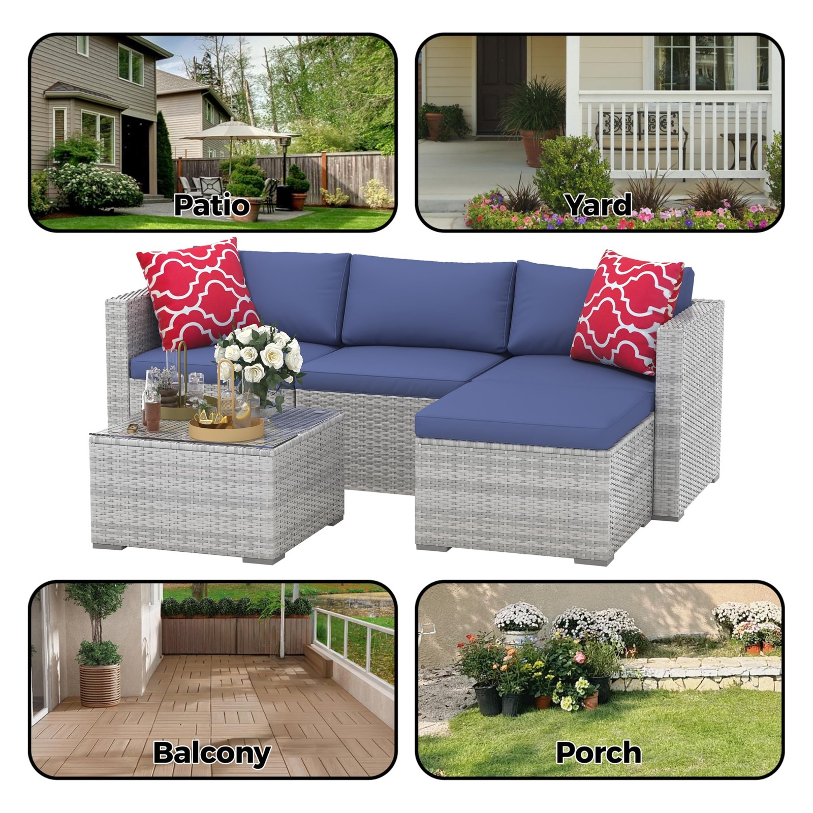 5Piece Patio Furniture Set Rattan Chairs w/ Soft Cushion,Glass Table(No pillows)