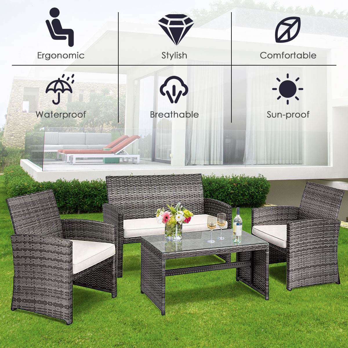 8 PC Outdoor Rattan Sofa Set Patio PE Cushioned Couch Loveseat Wicker Furniture