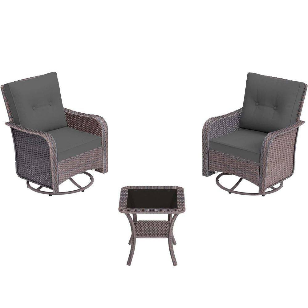 3-Piece Wicker Outdoor Rocking Chairs Set with Swivel, 1 Glass Coffee Table and