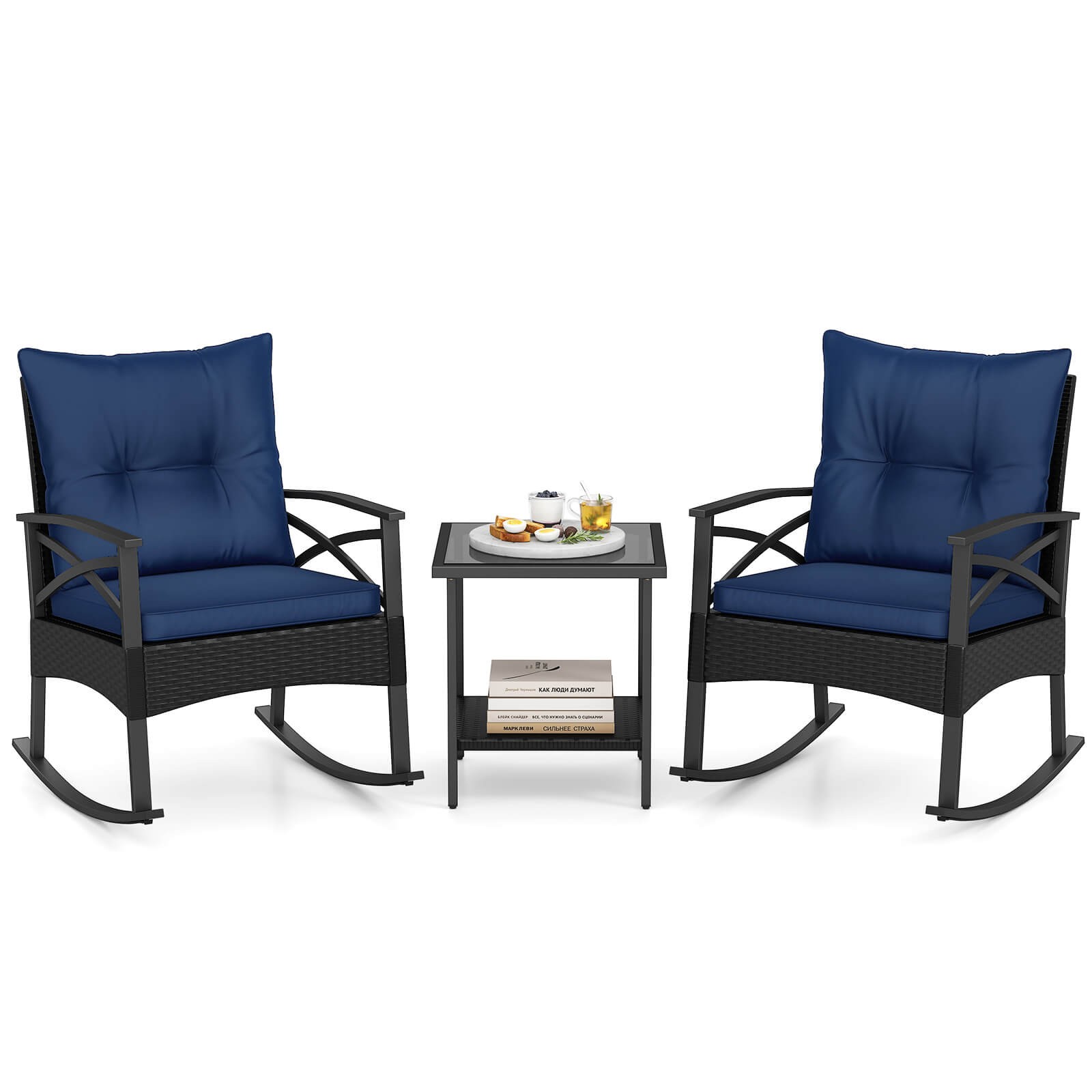3-Piece Rattan Rocking Bistro Set w/Tempered Glass Tabletop & Cushions for Porch