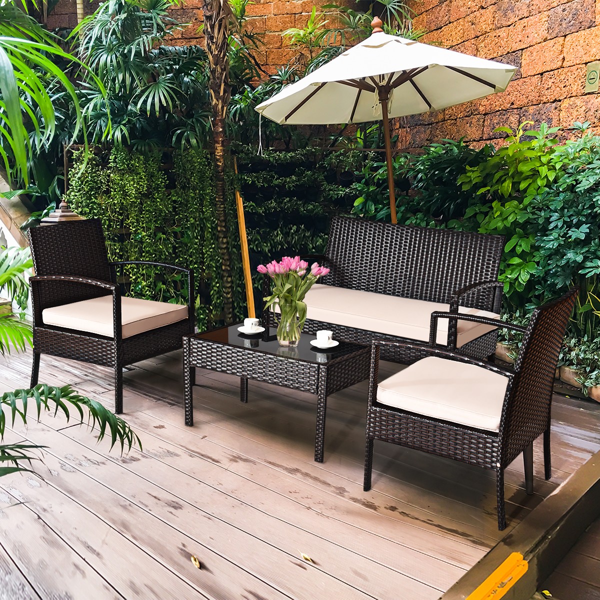Patiojoy 4PCS Poolside Rattan Conversation Furniture Set Soft Seat Glass Table