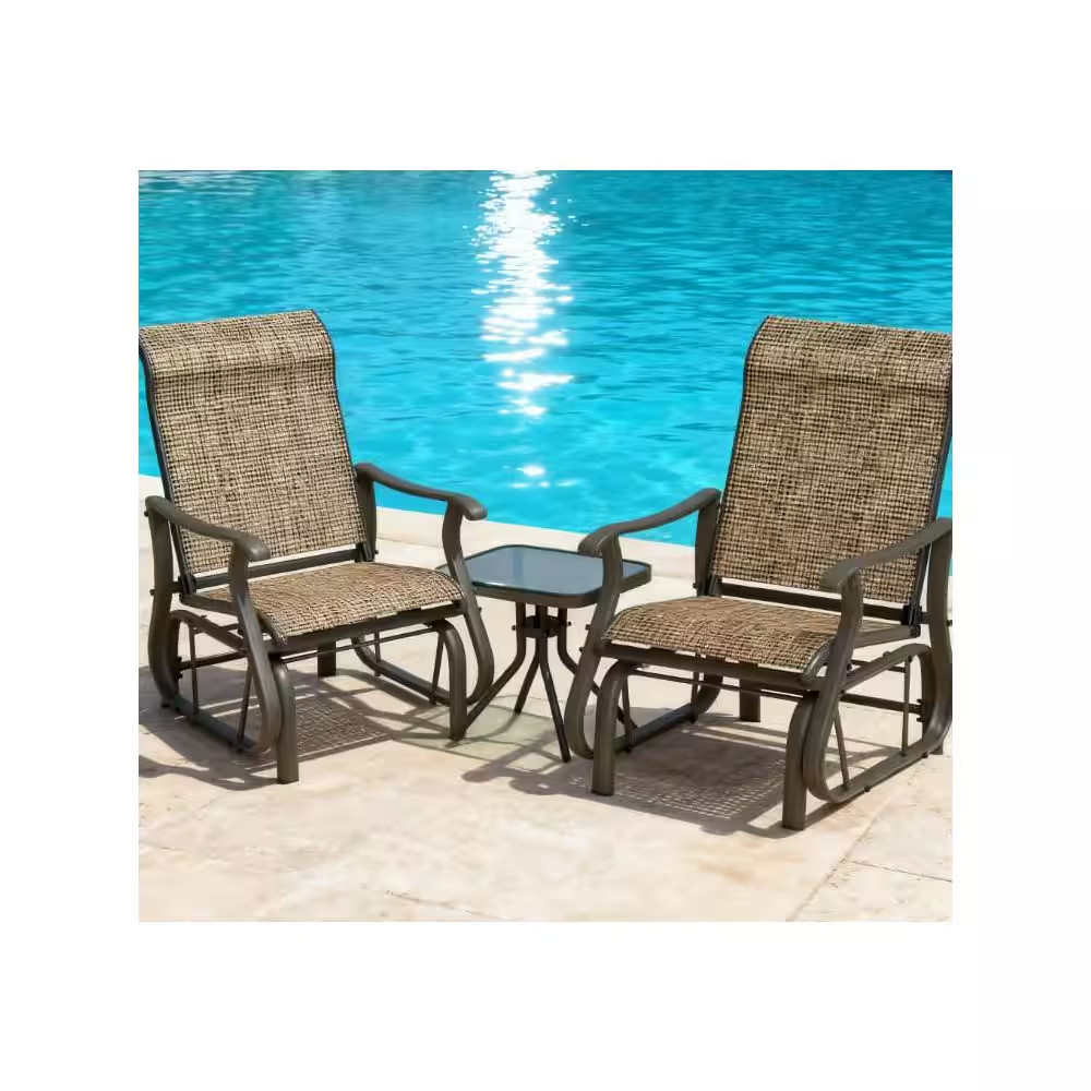 3-Piece Brown Metal Outdoor Bistroor Set, Gliding Chairs Set with Tempered Glass