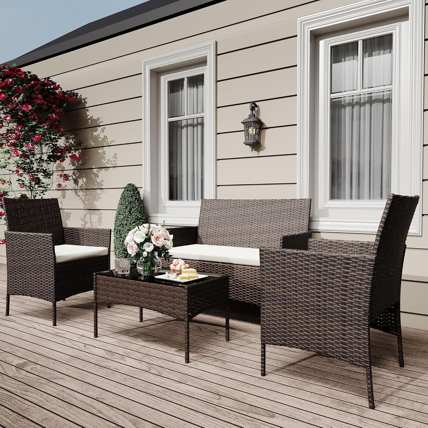 Stylish 4-Piece Outdoor Wicker Sofa Set with Glass Table & Cushions – Brown/Beig