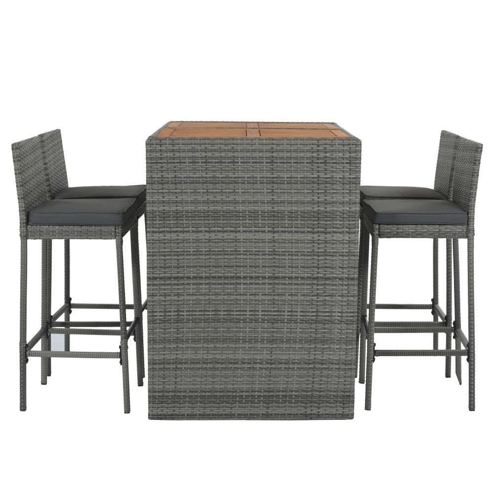 5-Piece Outdoor Patio Wicker Bar Set – Bar Stools w/ Non-Slip Feet & Cushions