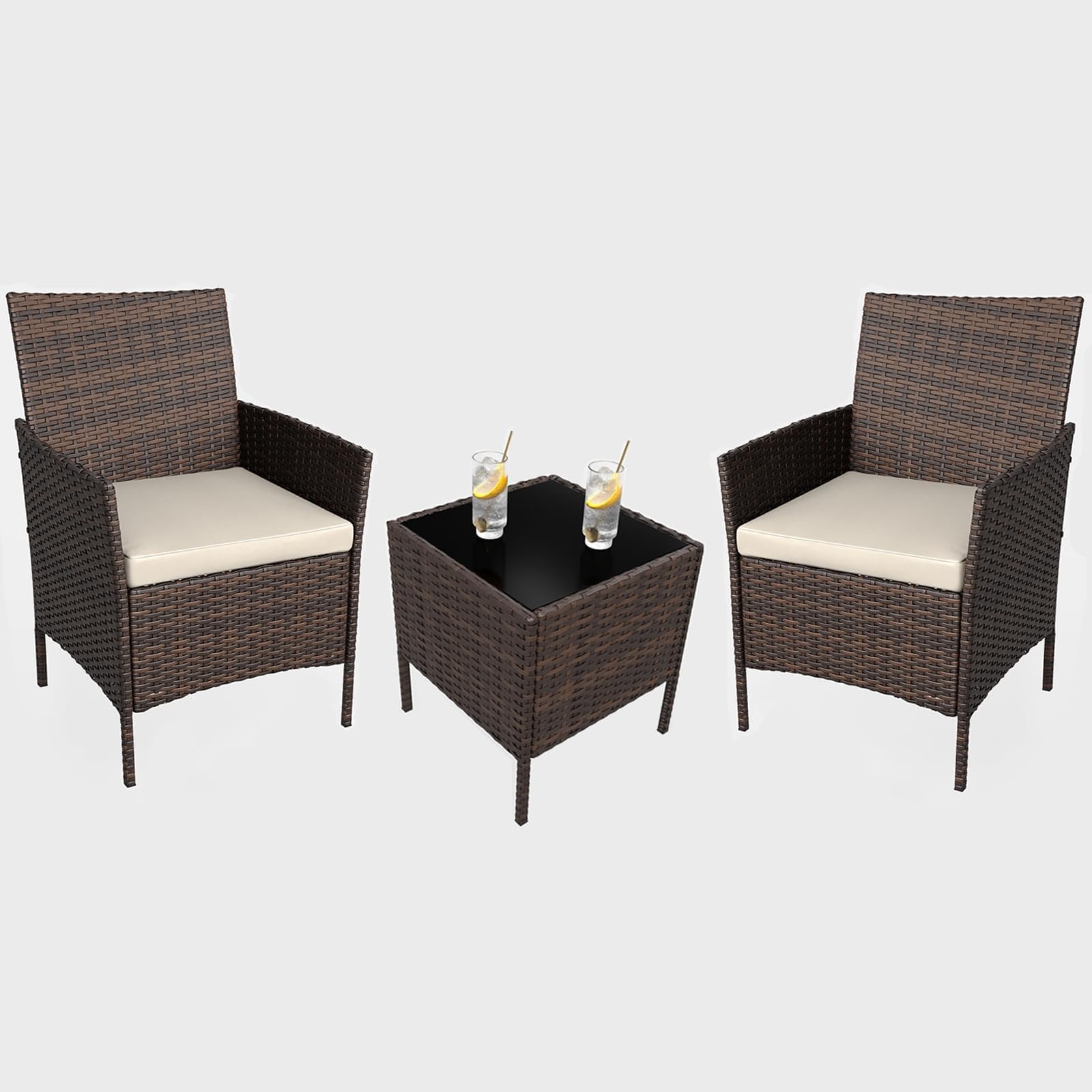 3-Piece Outdoor Patio Furniture Set, Wicker Chair & Soft Cushions w/Coffee Table