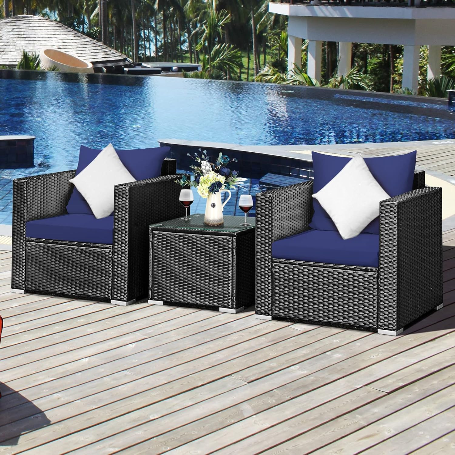 Navy Blue 3-Piece Patio Furniture Set with Cushions & Glass Tabletop