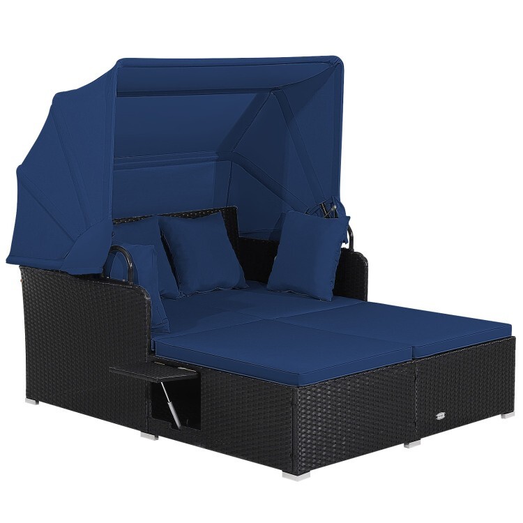 Patio Rattan Daybed Lounge Canopy Navy Cushions Outdoor Furniture W/ Side Tables