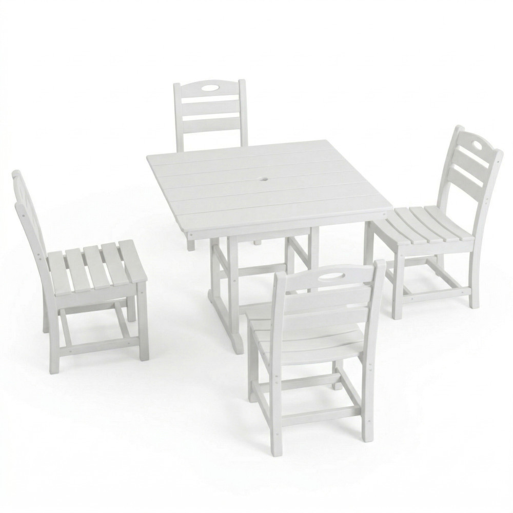 White HDPE 5-Piece Outdoor Dining Set Square Table 4 Chairs