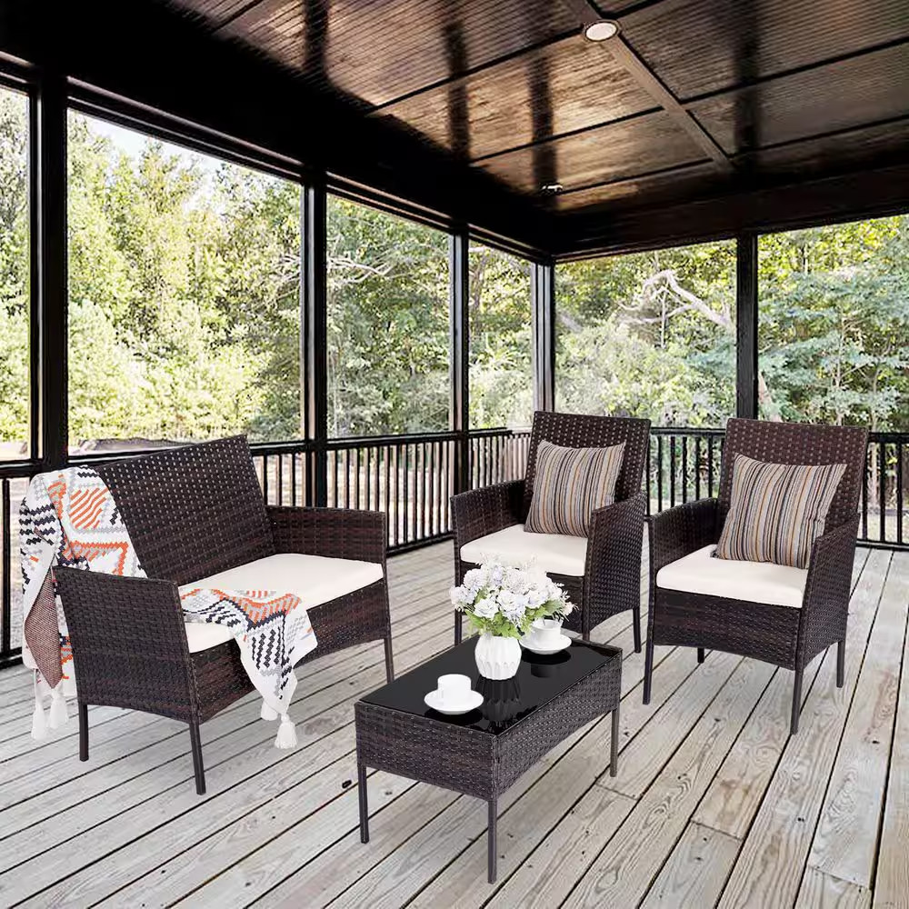 Brown 4-Piece All-Weather Wicker Patio Conversation Set with Beige Cushion and C