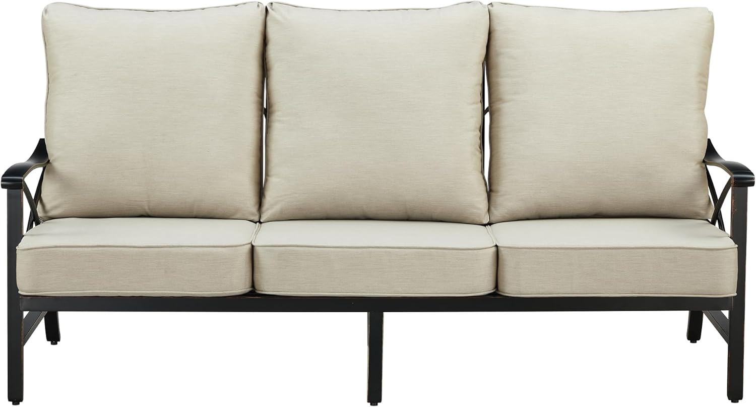 Black Aluminum Outdoor Sofa with Light Grey Cushions for Patio Comfort