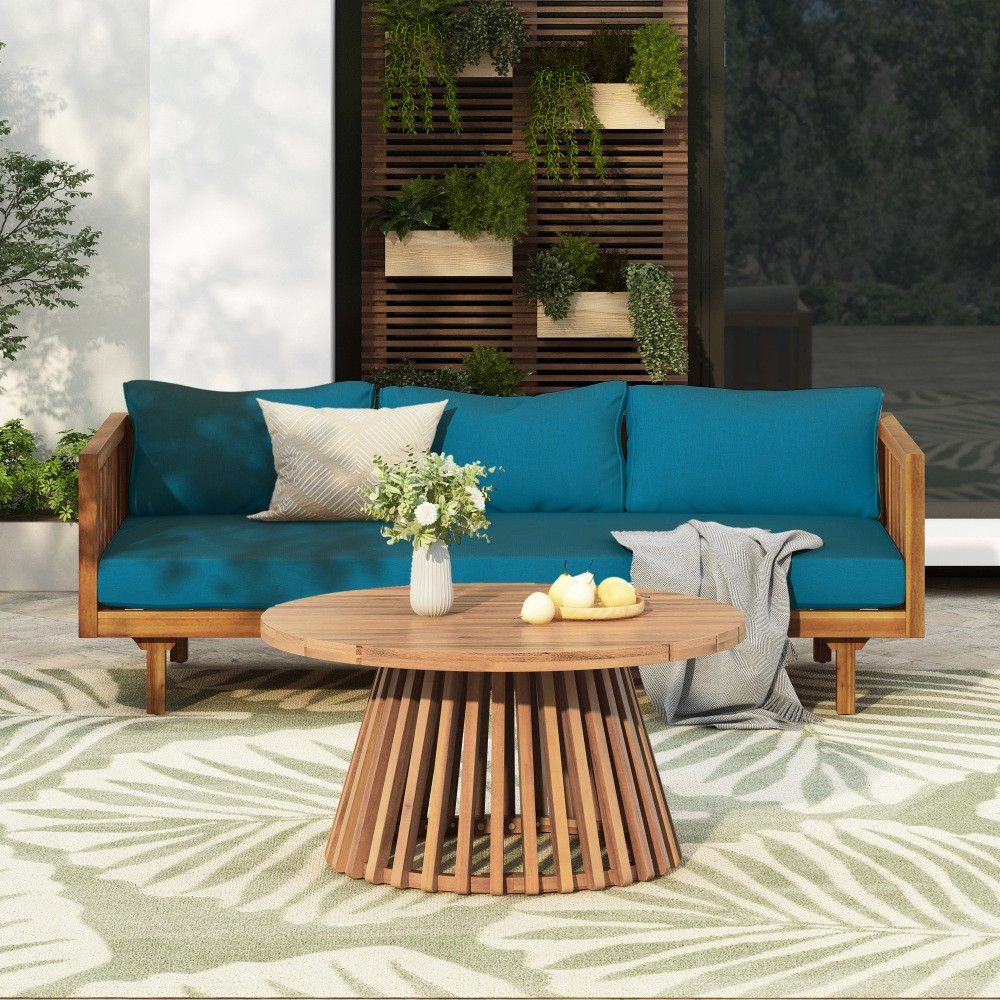 Acacia Wood Outdoor Daybed Patio Set with Sofa & Coffee Table, Teal