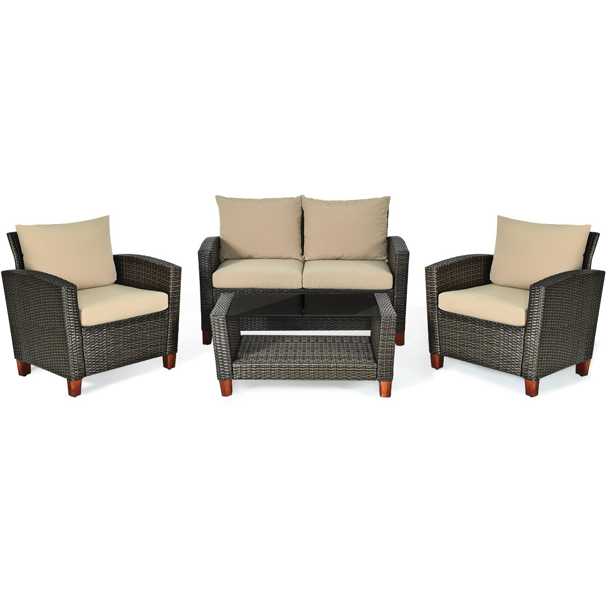 4 PCS Patio Rattan Furniture Set Solid Wood Leg Cushioned Sofa Set Steel Frame