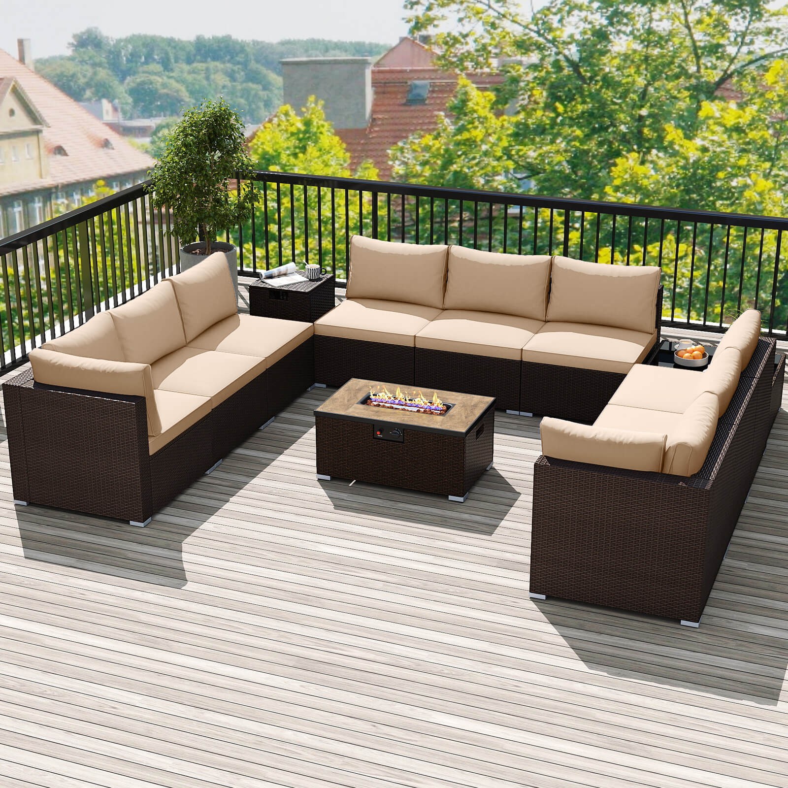 12 PCS Patio Wicker Sectional Sofa Set w/ 32″ Propane Fire Pit Table Tank Holder