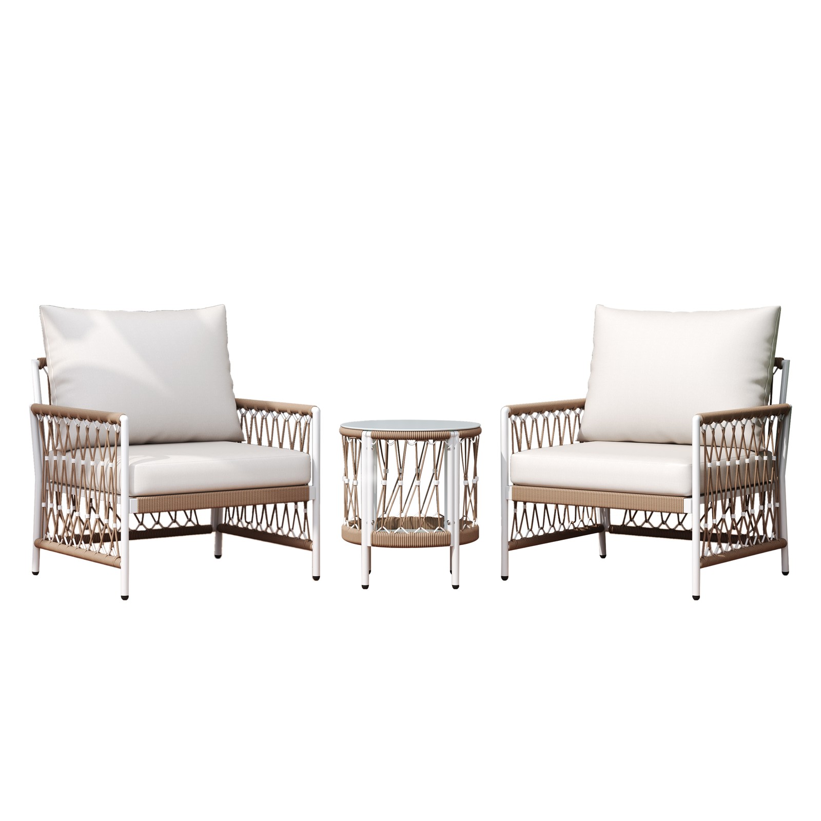 Bohemian Outdoor Furniture Set 2 Lounge Chairs + Glass Side Table 27x27x27
