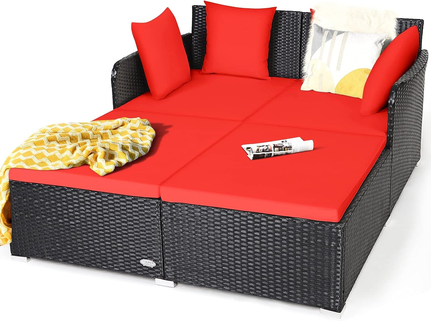 Outdoor Rattan Daybed Patio Loveseat Sofa Set with Padded Cushion Pillows and St