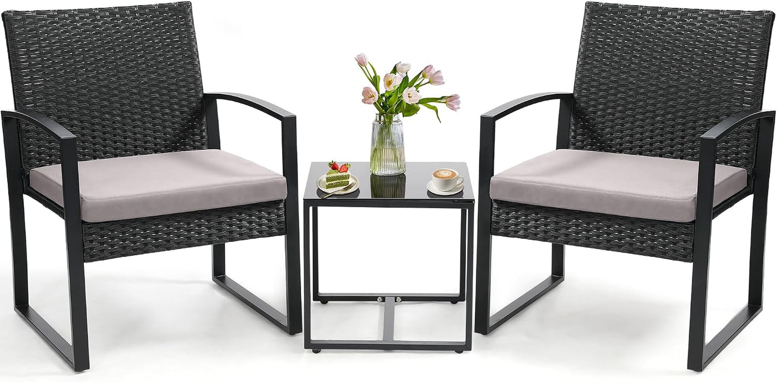 3 Piece Outdoor Wicker Bistro Set, Rattan Patio Conversation Set with Coffee Tab