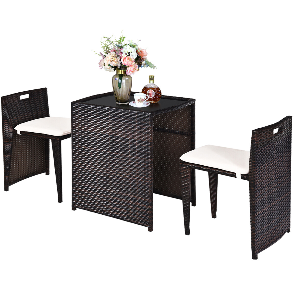 3PCS Outdoor Patio Rattan Furniture Set Space Saving Garden Deck W/Cushion