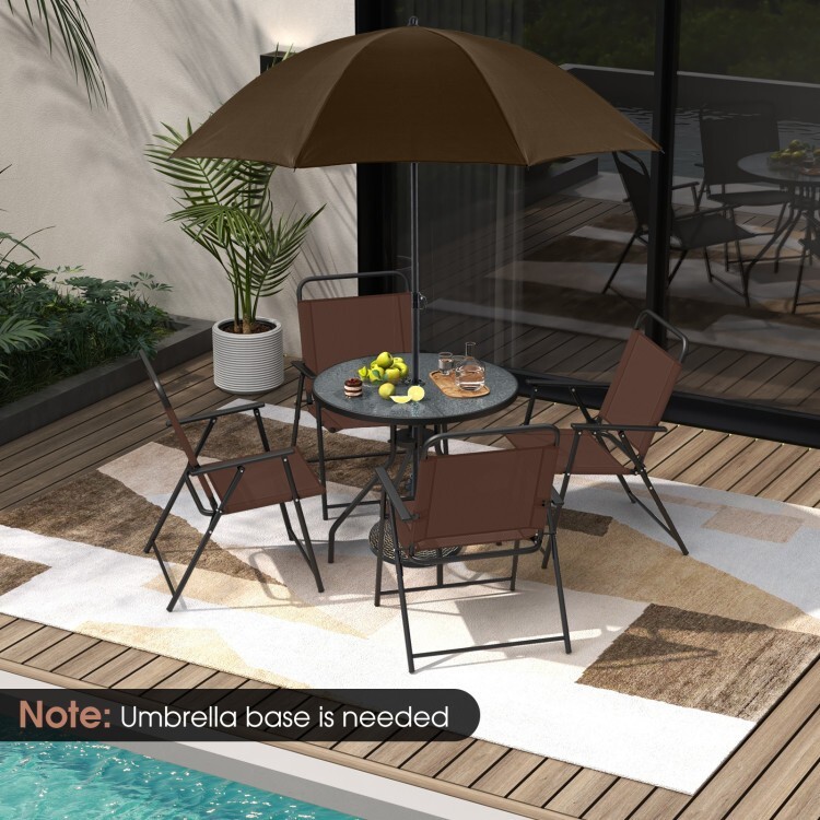 6Pcs Patio Outdoor Dining Folding Chairs & Glass Table Set Tilt Umbrella Garden