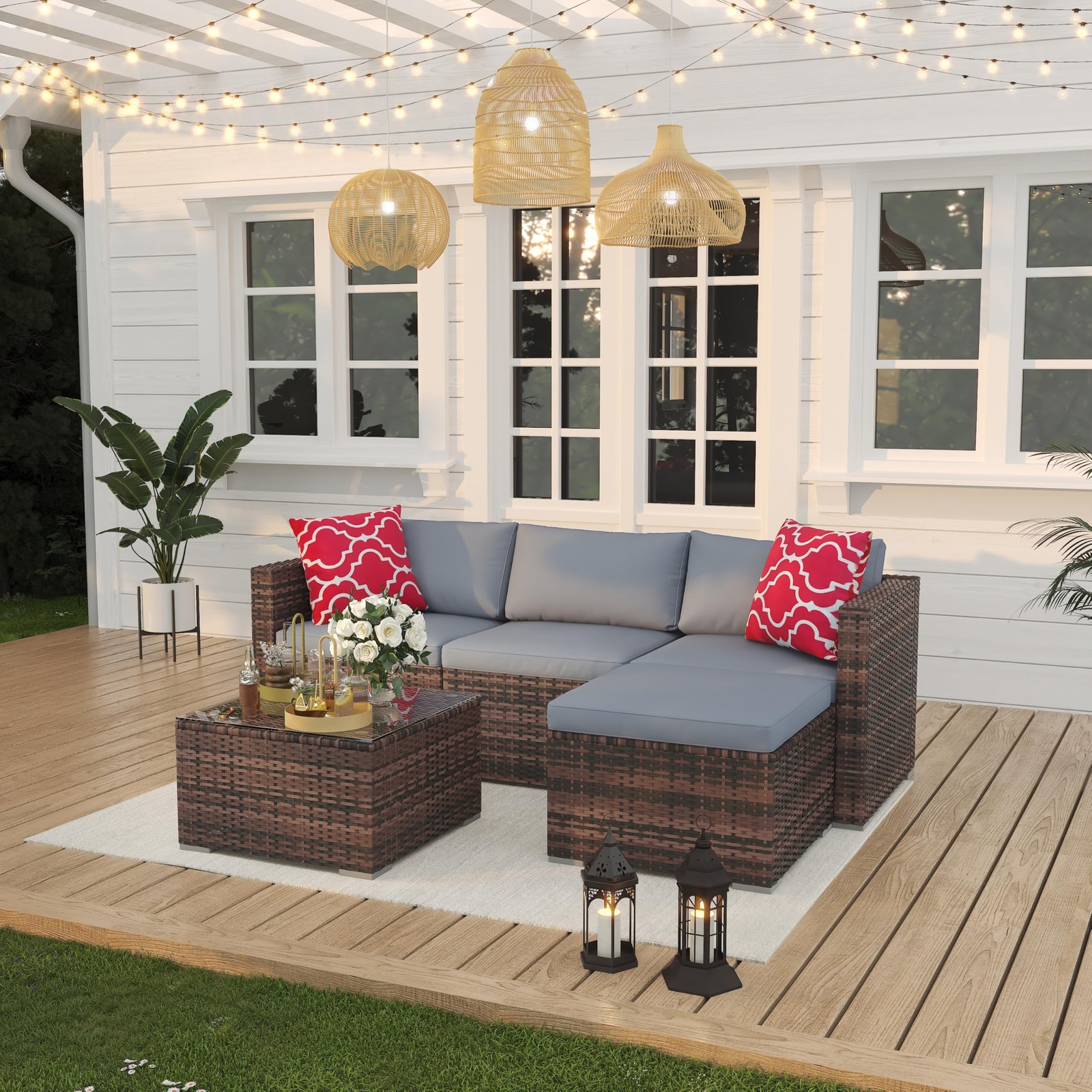 5Piece Patio Furniture Set Rattan Chairs w/ Soft Cushion,Glass Table(No pillows)