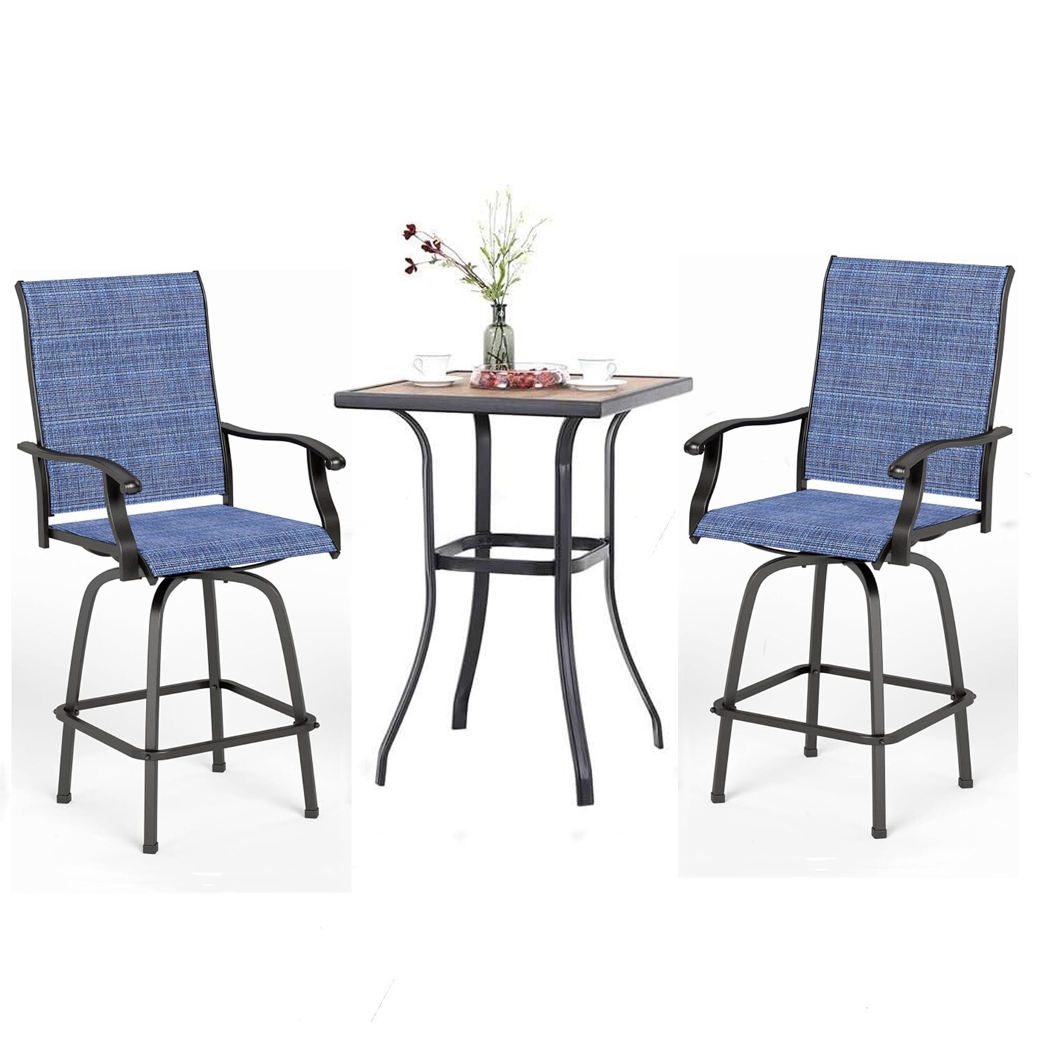 Patio Bar Table Chair Set of 3 Outdoor Swivel Bar Height Chair Bar Stools Blue
