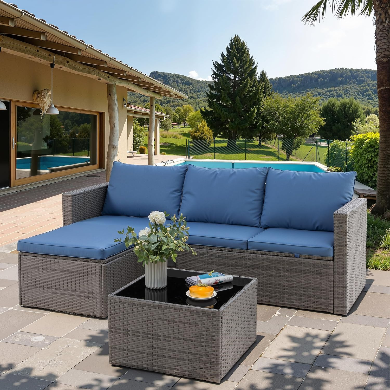 4 Pieces Patio Furniture Set, 2-In-1 Convertible Sectional Sofa & Chaise Lounge,