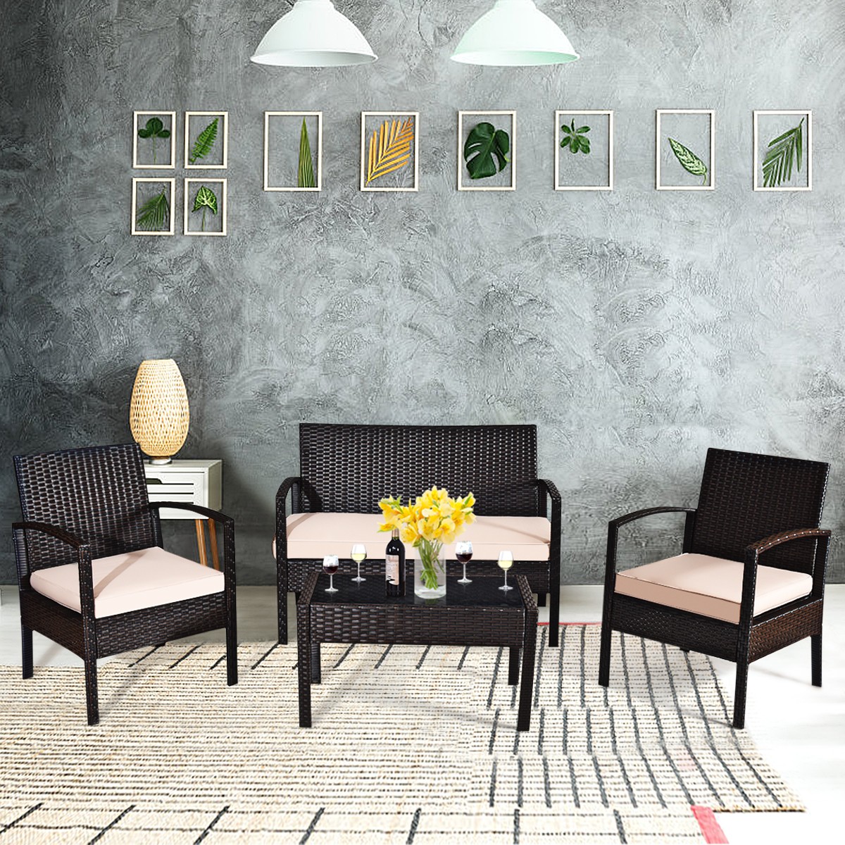 Patiojoy 4PCS Poolside Rattan Conversation Furniture Set Soft Seat Glass Table