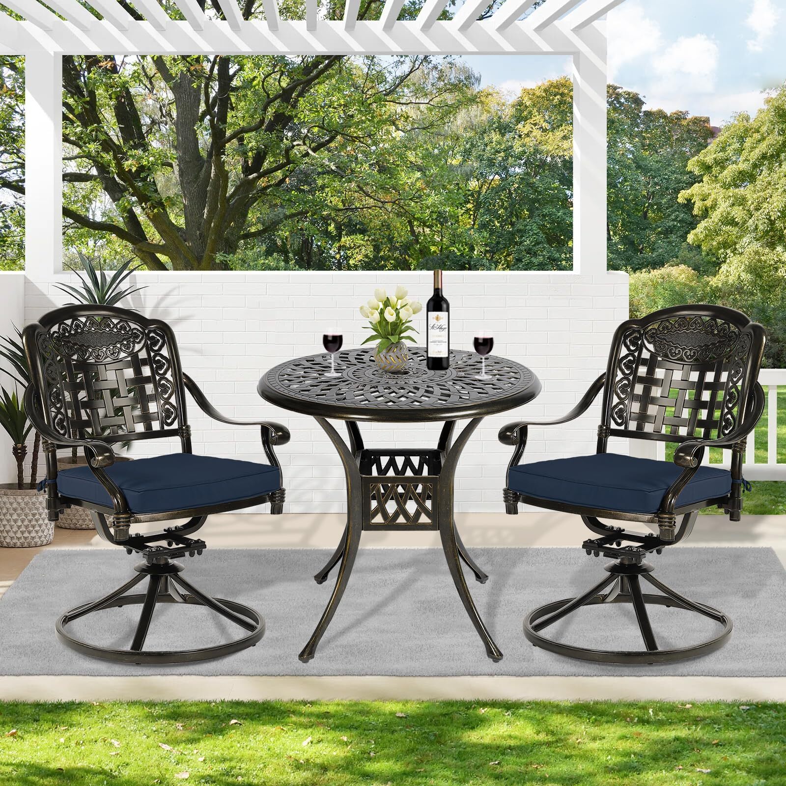 3PCS Outdoor Swivel Patio Chairs Bistro Set Cast Aluminum Patio Bistro Set, Lawn