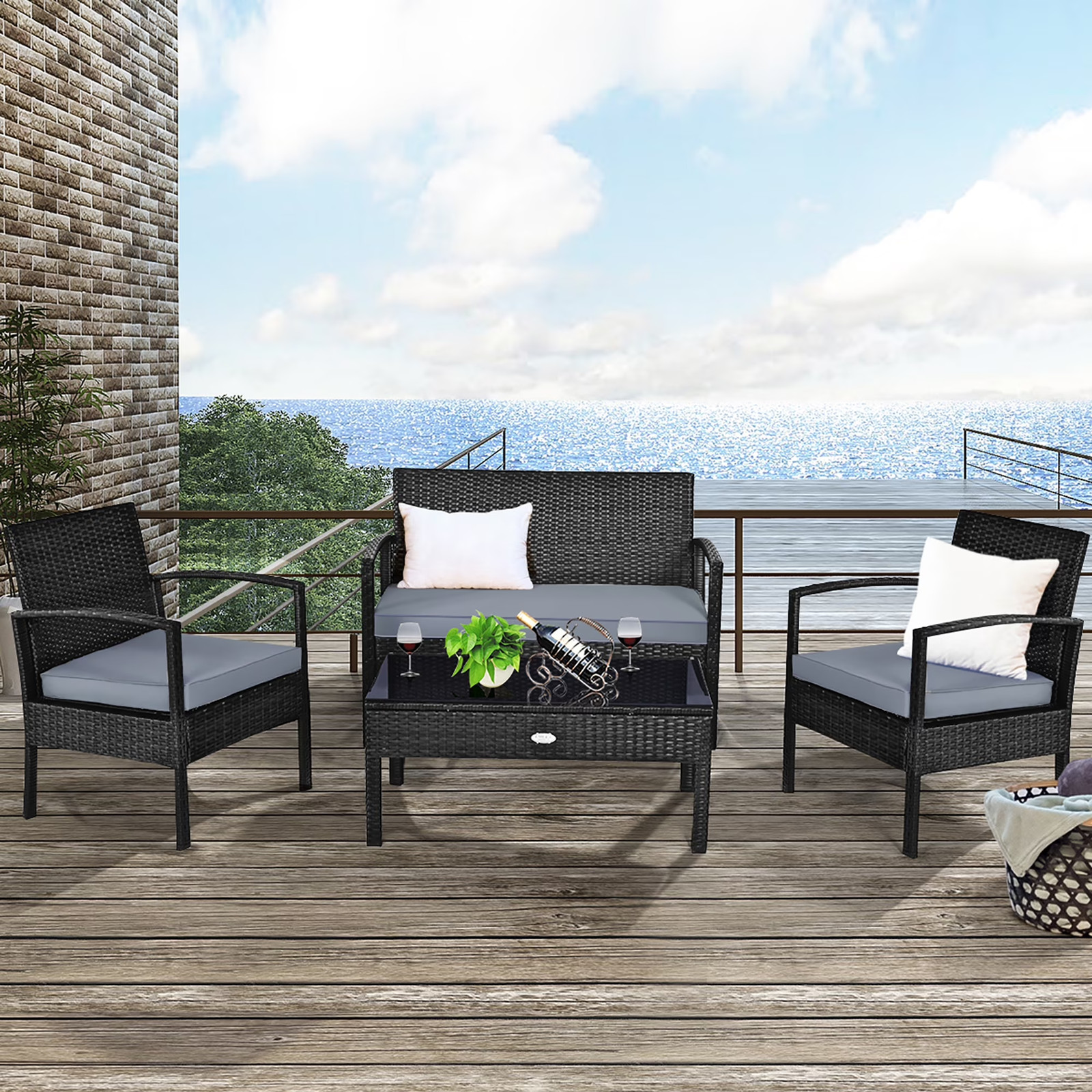 “Chill harder. Plush cushions + sleek rattan + coffee table included. Your deck’