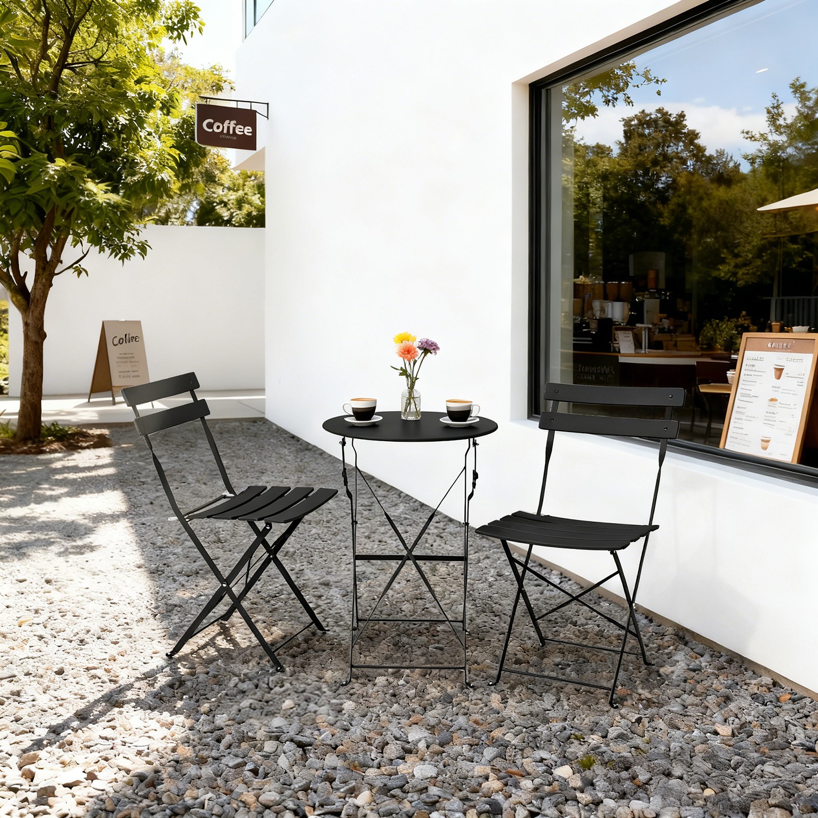 Set of 3 Folding Bistro Table Chairs Dining Set Weather-Resistant for In/Outdoor