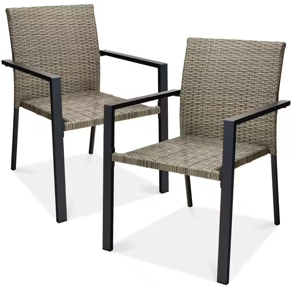 Set of 2 Taupe Wicker Chairs with Armrests, Stackable Outdoor Dining Furniture f