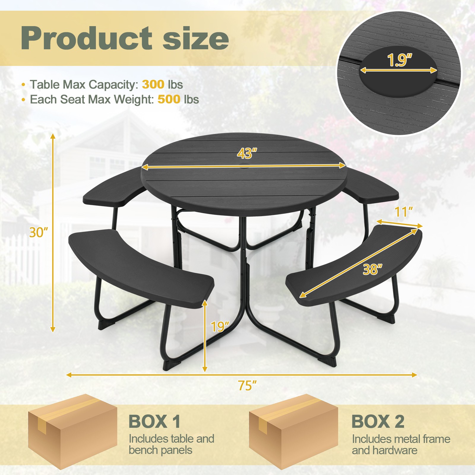 Outdoor 8-person Round Picnic Table Bench Set w/ Umbrella Hole & 4 Benches Black