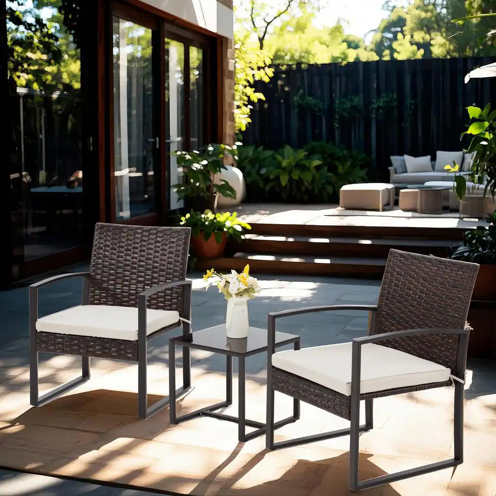 3-Piece Patio Set, Outdoor Wicker Patio Furniture Set, Brown Outdoor Bistro Set